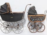 two old fashioned baby carriages sitting next to each other