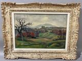 an oil painting of a landscape with trees and hills in the background