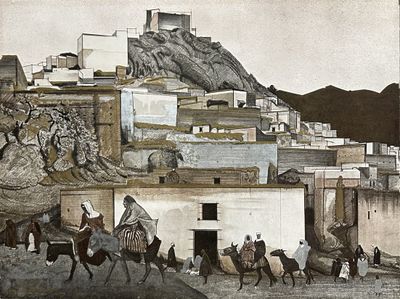 painting of a group of people riding horses in front of a town