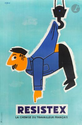 an image of a blue poster with a man in a suit on it