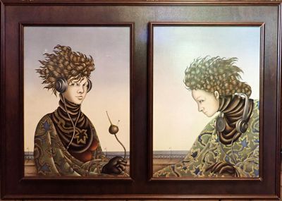 painting of two women in oriental clothing sitting in front of a painting