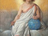 a painting of a child sitting on a cloud holding a blue ball