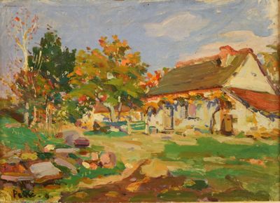 une peinture à l'huile représentant une maison dans un champ, avec des arbres et des rochers