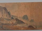 painting of a boat in a body of water with mountains in the background