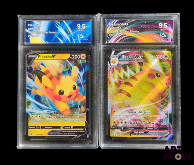 two pokemon cards are in a clear plastic case on a black background