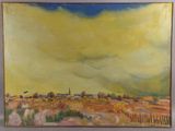 une peinture à l'huile représentant un paysage avec un ciel jaune et des nuages