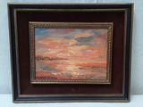 an oil painting of a sunset over a body of water