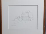 framed drawing of a dog and a cat sitting on a table