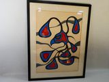 tableau abstrait bleu, rouge et noir, dans un cadre noir