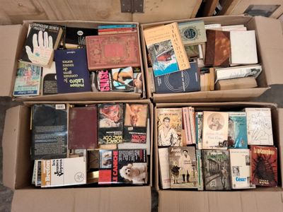 de nombreux livres dans une boîte en carton posée sur le sol