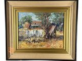 une image représentant un tableau illustrant une scène de vie à la ferme, avec des vaches et du foin