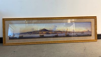 peinture représentant une vue de ville avec une montagne en arrière-plan