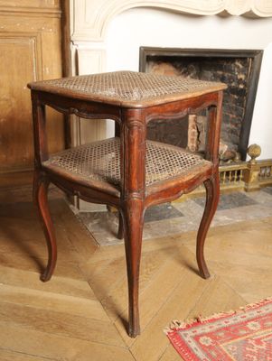 une petite table sur laquelle est posé un panier, devant une cheminée