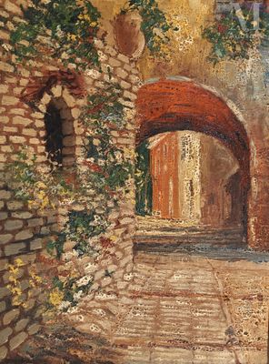 painting of an alley with a door and steps leading up to a building