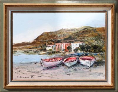 three boats that are sitting on the sand by the water