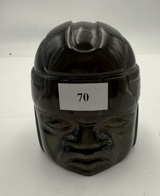 Tête Olmèque en pierre obsidienne noire, XXe, H: 13 cm