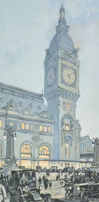 un tableau représentant une tour horloge au cœur d'une ville