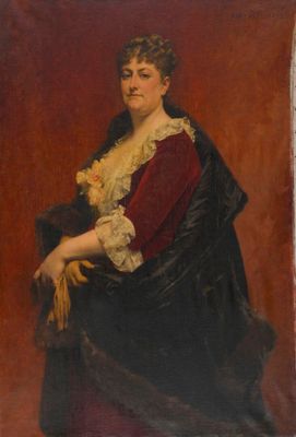 un tableau représentant une femme vêtue d'une robe noire et rouge