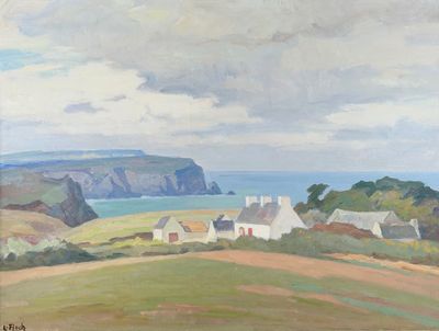an image of a painting of a landscape with houses and a body of water