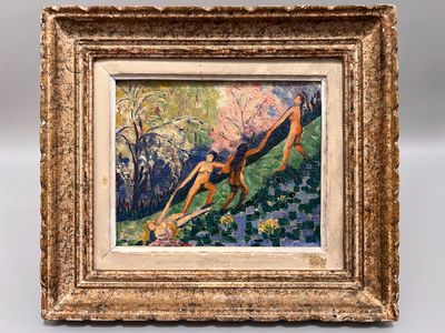 une peinture à l'huile représentant une femme sur une balançoire dans un jardin