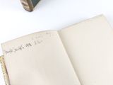 an open book with writing on it sitting on a table