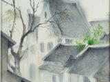 une peinture représentant une scène de rue avec une voiture à cheval