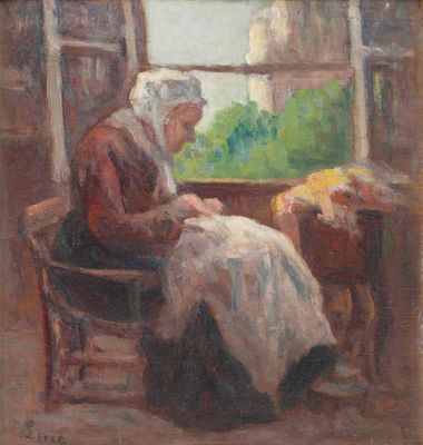 painting of an old woman sitting in a chair looking out of a window