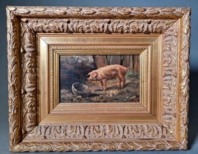 une photo d'un tableau représentant un cochon, dans un cadre en bois