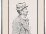drawing of an old man with a hat and jacket in a frame