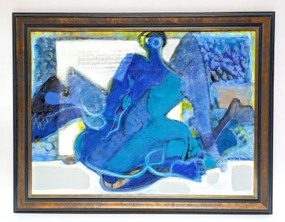 painting of a woman sitting in a blue chair with a bird on her shoulder
