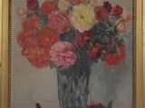 a painting of flowers in a vase on a table