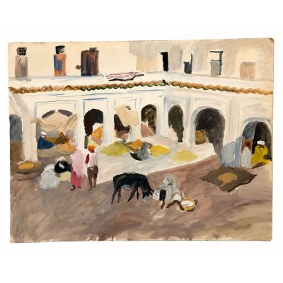 une image représentant un tableau où l'on voit des personnes et des chiens dans une cour