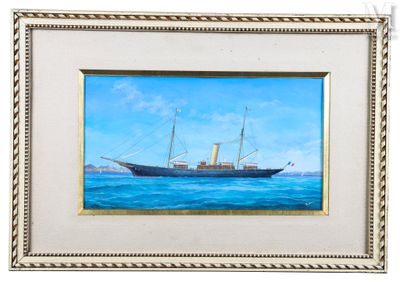 une peinture à l'huile représentant un navire en mer sur fond blanc