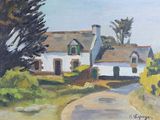 tableau représentant une route de campagne avec une maison et des arbres en arrière-plan