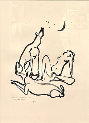 drawing of a man and a woman laying on the ground under the moon