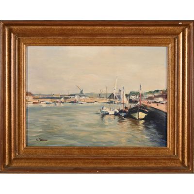 une peinture à l'huile d'une scène portuaire avec des bateaux dans l'eau