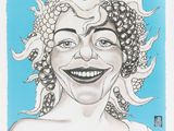 drawing of a smiling woman with curly hair and a flower in her hair