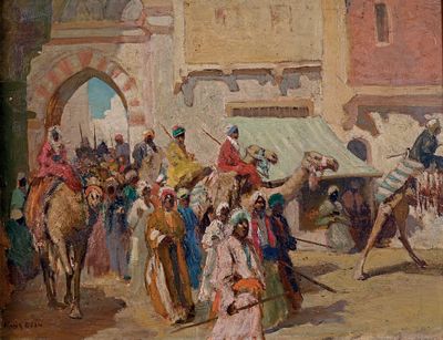 tableau représentant un groupe de personnes chevauchant des chameaux