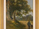 an image of a painting of a man and a dog by a tree
