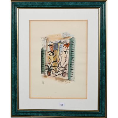 aquarelle encadrée représentant un homme et une femme debout devant une fenêtre