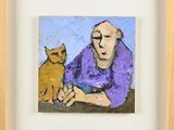tableau représentant un homme et un chat, dans un cadre en bois