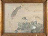 une photo d'un tableau représentant un koi et des lotus