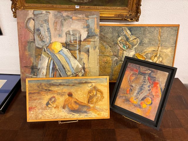 Trois huiles sur bois natures mortes et 1 huile sur bois scène de...