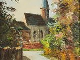 an oil painting of a church with a steeple in the background