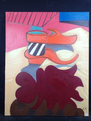 tableau représentant une paire de chaussures rouges et une tasse de café posées sur une table