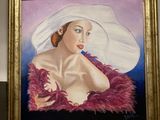 painting of a woman in a white hat with pink feathers