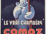 an old poster of a man holding skis and a snowboard