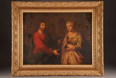 an oil painting of a man and a woman sitting next to each other