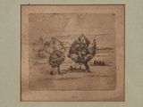an old drawing of a man riding a horse in a field