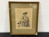 an old picture of a man in a hat sitting on a chair